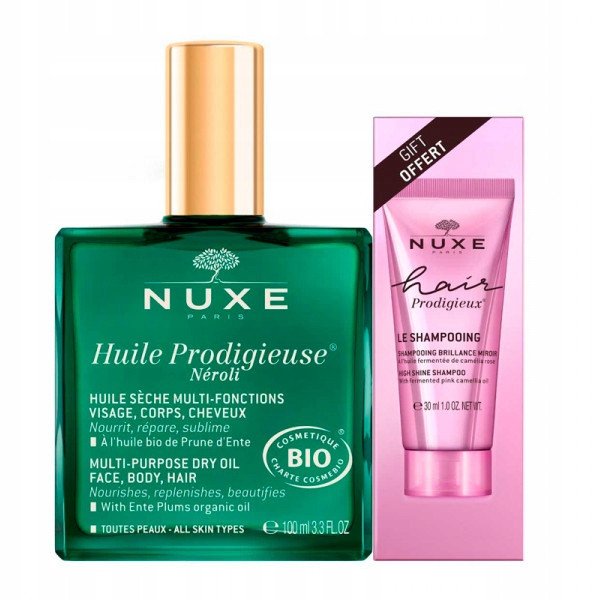 NUXE_SET Huile Prodigieuse Neroli suchy olejek do pielęgnacji twarzy, ciała i włosów 100ml + Hair Prodigieux High Shine szampon do włosów nadający poł