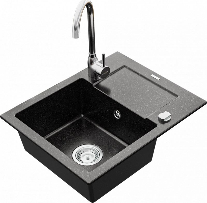 Zlewozmywak Mexen Enzo granitowy 1-komorowy z ociekaczem i baterią kuchenną Telma, czarny/srebrny - 6506-73-670200-00
