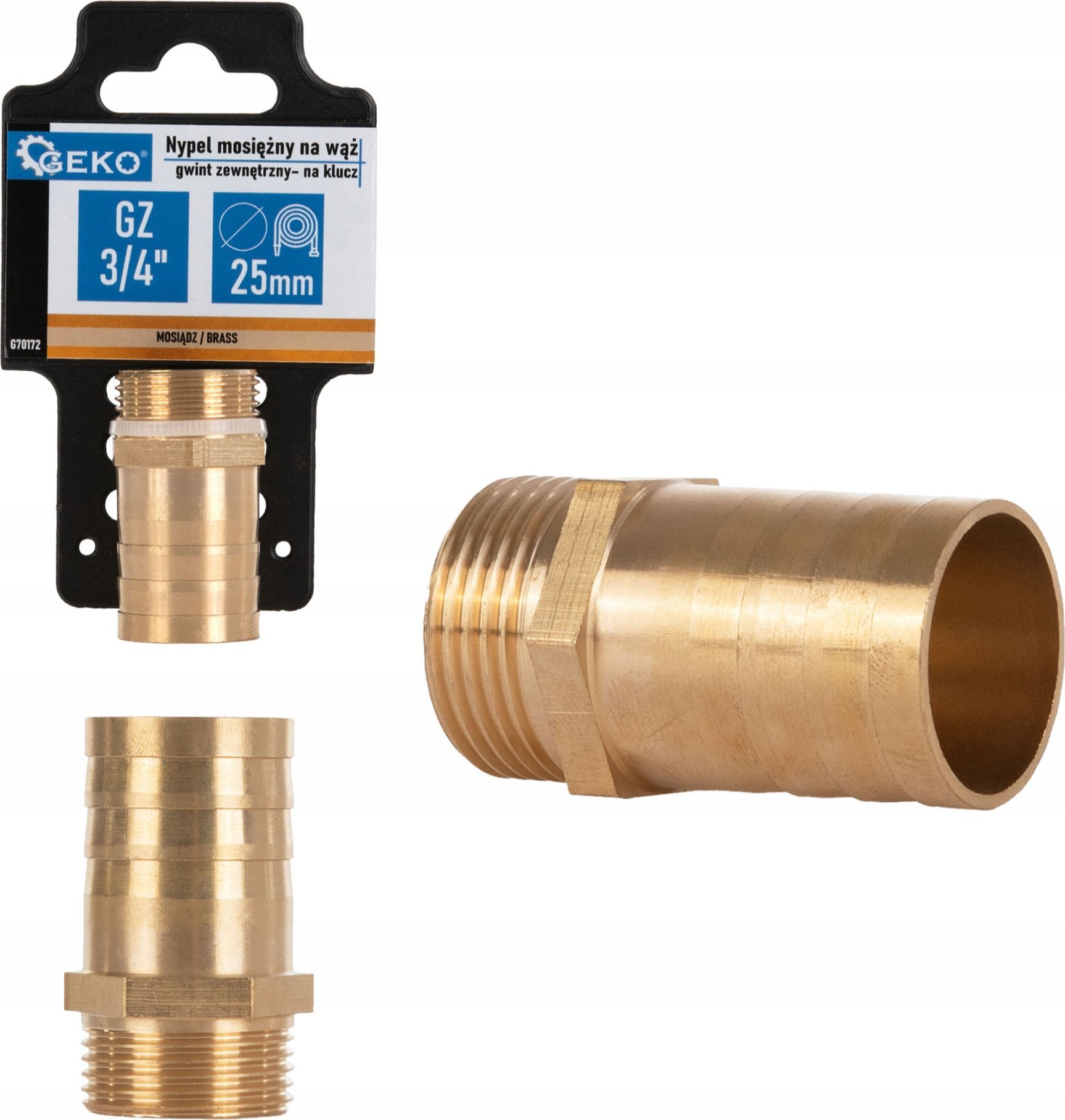Geko Nypel mosięzny na wąż 25mm – gwint zewnętrzny 3/4" – na klucz (250)