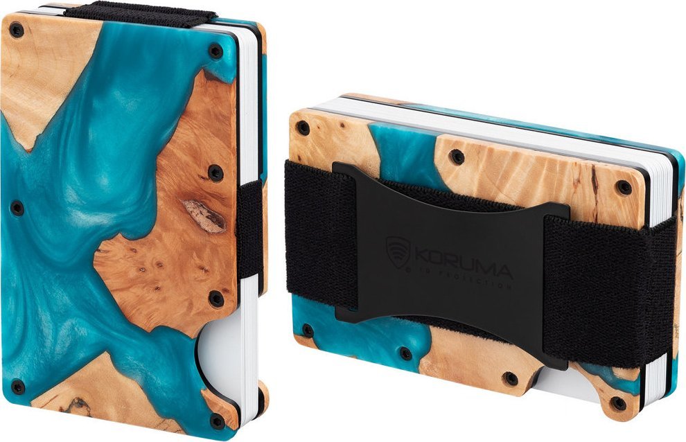 KORUMA Aluminiowe etui z gumką na karty zbliżeniowe RFID (drewno + turkusowa żywica) Uniwersalny