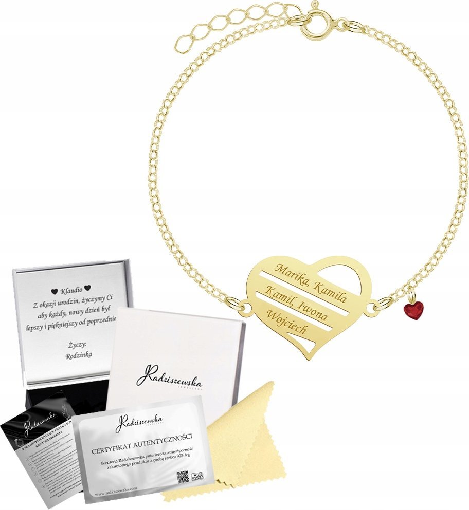 Radziszewska Jewellery Bransoletka Złota Serce Dzień Matki Imię Srebro 925 Grawer Gratis Prezent