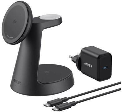 ANKER MagGo 3-in-1 Charging Station kabellose Ladestation schwarz Qi2 15W fuer iPhone inkl. zertifiziertes Modul f�r Apple Watch