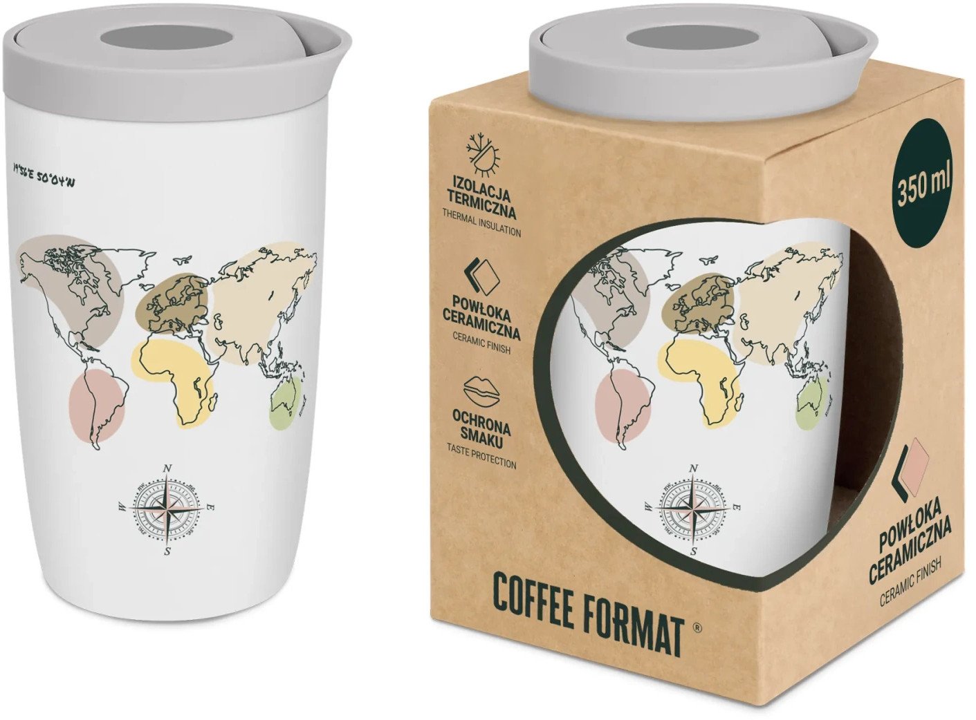 Coffee Format Biały kubek termiczny z motywem mapy świata 350 ml