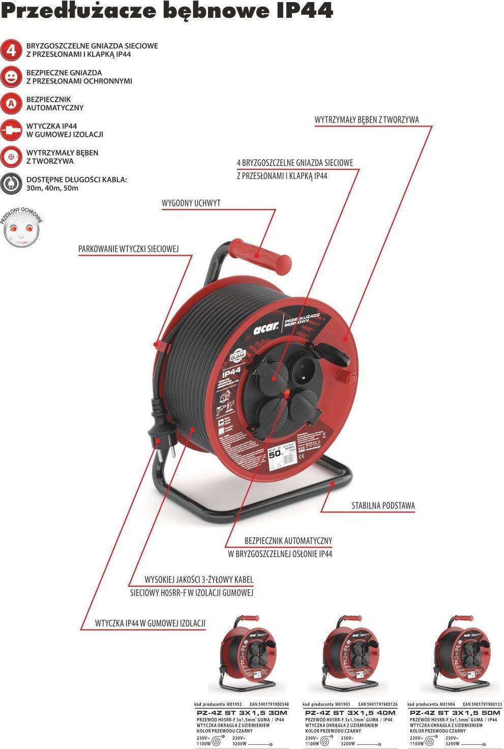 Acar Przedłużacz bębnowy Acar M01952 30m czarny