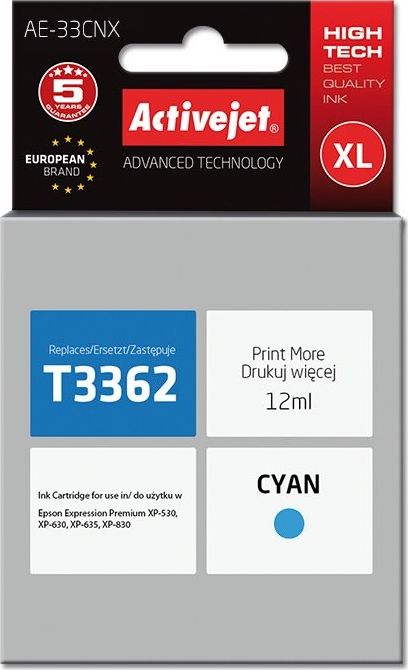 Tusz Activejet Activejet Tusz Activejet AE-33CNX (zamiennik Epson 33XL T3362; Supreme; 12 ml; niebieski)