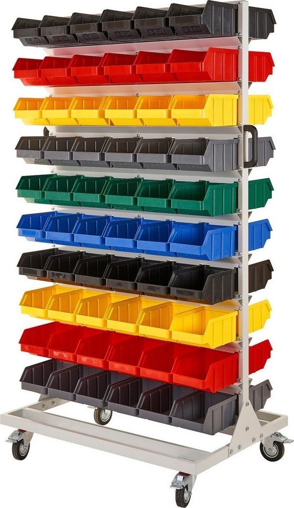 qBox Regał do pojemników warsztatowych, jezdny. Wym: 1740x940x700mm 120 pojemników - takie same (Regał z pojemnikami)