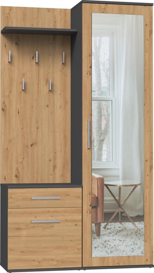 Topeshop Garderoba, szafa, lustro, duo, 100x35x180 cm, antracyt, dąb artisan, mat