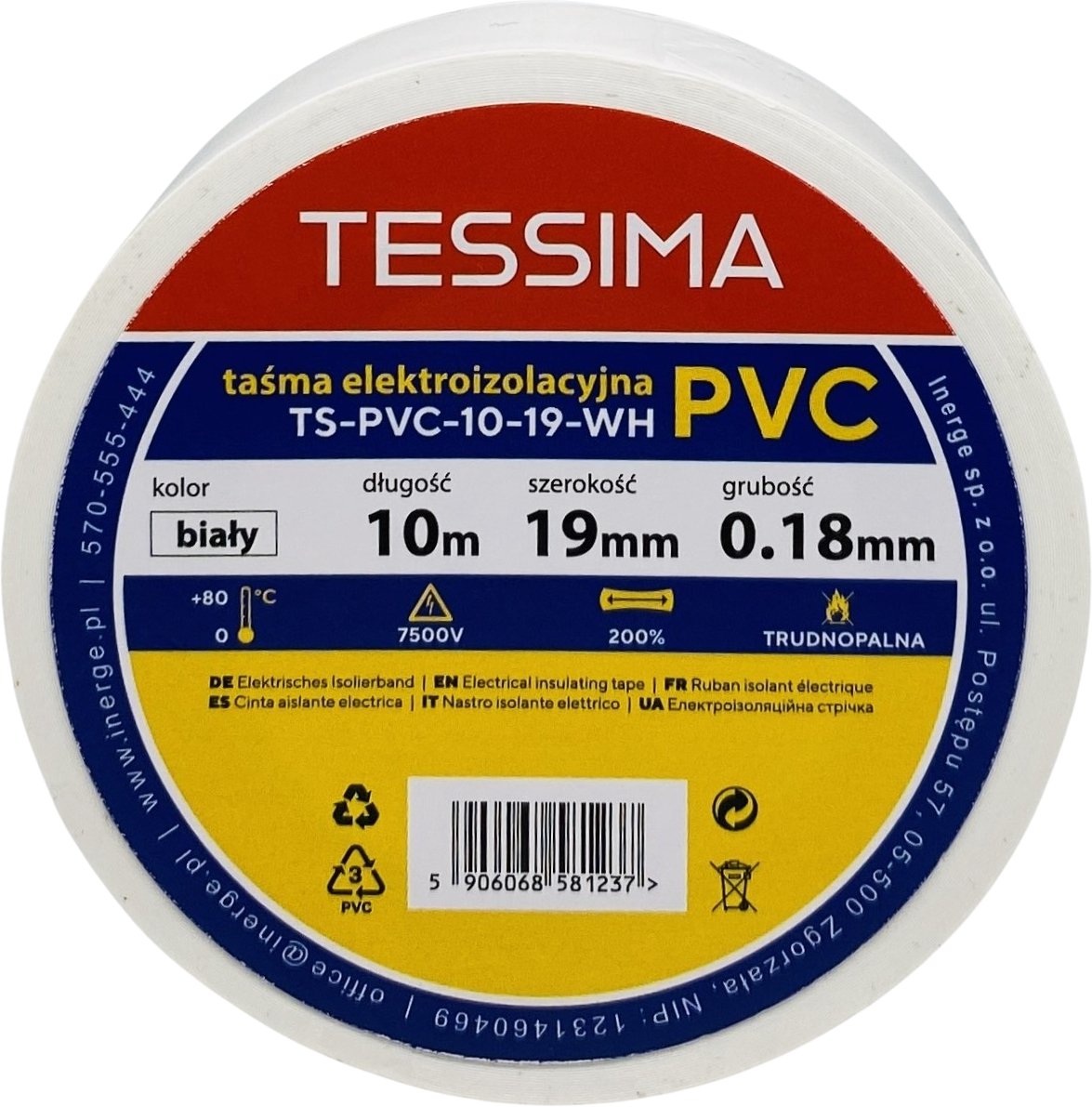 Taśma elektroizolacyjna 10m 19mm 0.18mm biała TESSIMA