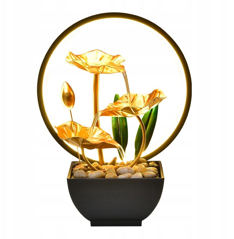 FONTANNA DEKORACYJNA WODNA ZEN liść LOTOSU NA BIURKO 3 poziomowa LED LAMPKA