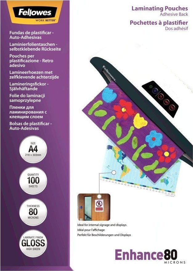 Fellowes Fellowes Peel and stick pouches adhesive back, 80 micron, A4 - 5302202