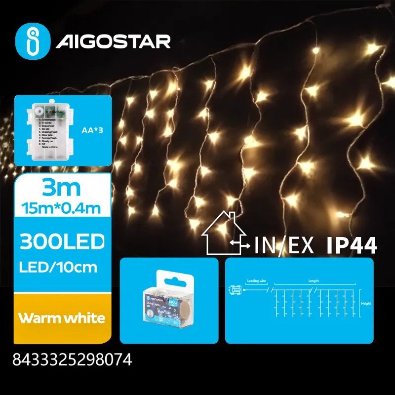 Lampki choinkowe Aigostar Lampki choinkowe sople przepływ na 3 baterie AA, Ciepła Płaska taśma świetlna sople przepływ na 3 baterie AA, Ciepła