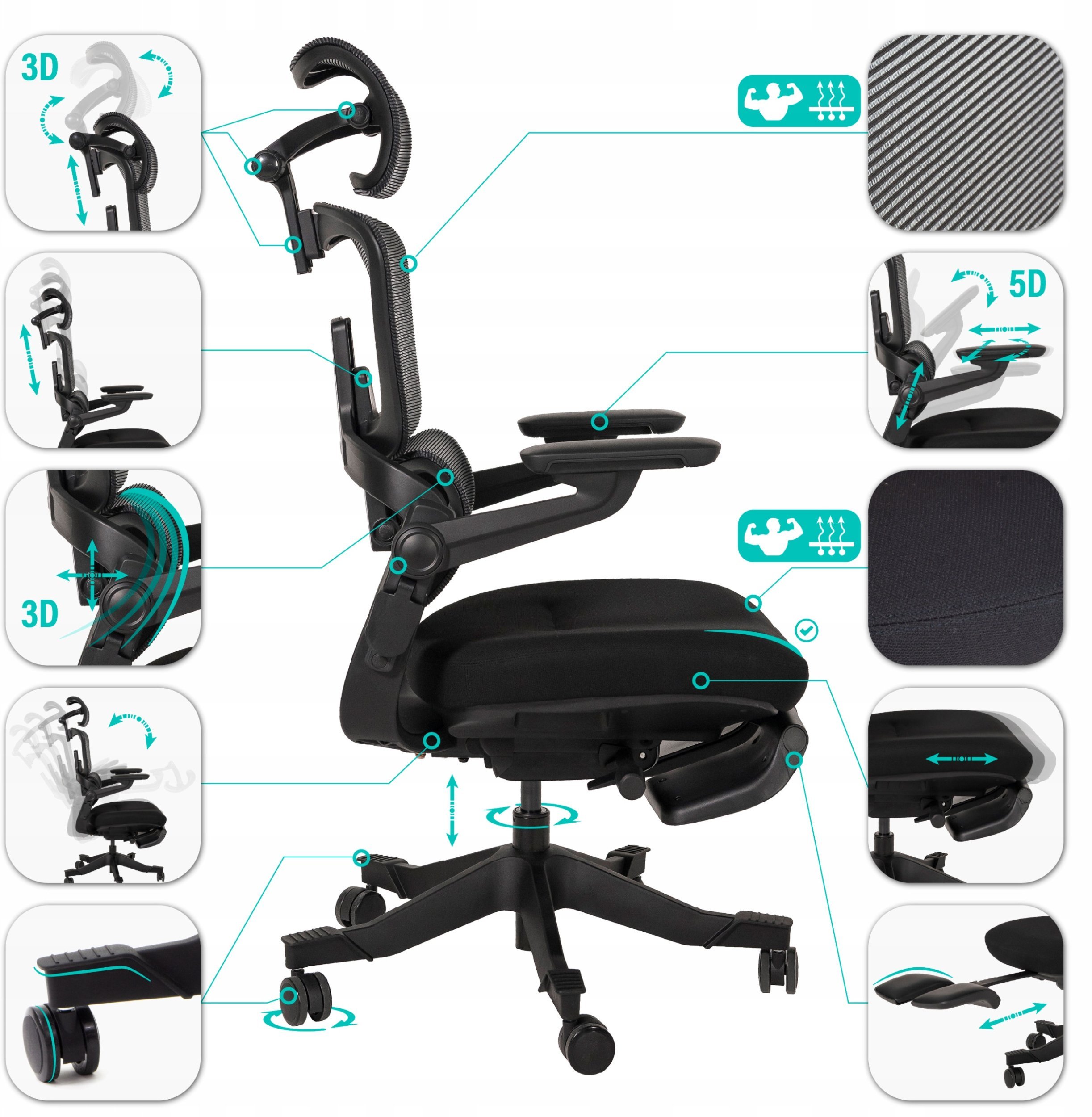 Nario-500 Niezwykle ergonomiczny fotel biurowy z podnóżkiem i pełną regulacją