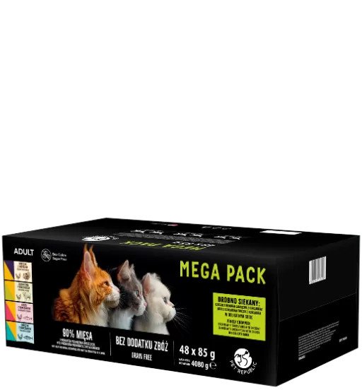 PetRepublic karma mokra dla kotów kawałki w delikatnym sosie MIX mięsno-rybne smaki 48x85g