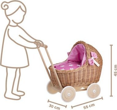 WickerPL Lili WÓZEK WIKLINOWY DLA LALEK Z RÓŻOWYM OBSZYCIEM 48X28 H26/47 CM standard