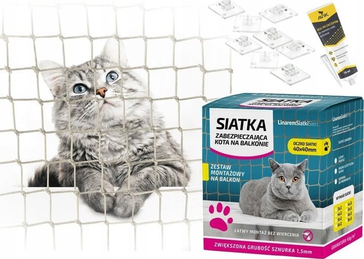 ZESTAW 5x3 GRUBA SIATKA DLA KOTA 1,5mm NA BALKON OCZKO 40mm ZESTAW BEZ WIERCENIA MARKA BEZPIECZNE KOTY