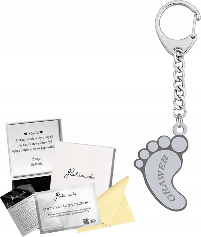 Radziszewska Jewellery Brelok do kluczy STÓPKA Imię Dziecka Prezent SREBRO 925 GRAWER GRATIS