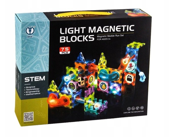 Klocki magnetyczne świecące tor kulkowy edukacyjny zestaw 75 elementów