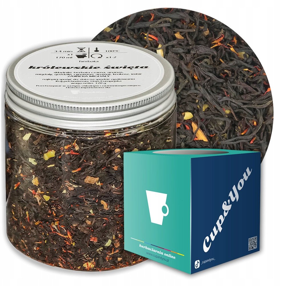 Herbata czarna KRÓLEWSKIE ŚWIĘTA smak rozgrzewających przypraw z migdałem - herbata liściasta sypana mieszanka napar susz - gotowa na prezent upominek