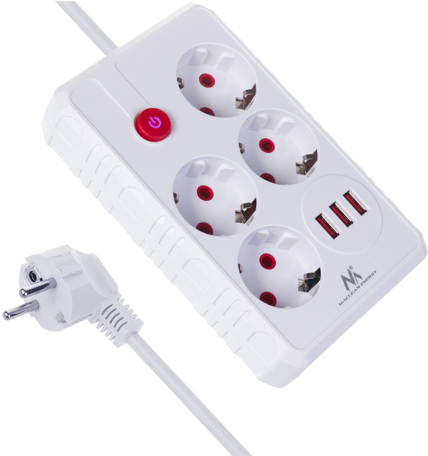 Listwa zasilająca Maclean, przedłużacz 4 gniazda + 3xUSB, 110-240V AC 50/60Hz, 2.1A max 2500W, 1,5m, biała,MCE392 W