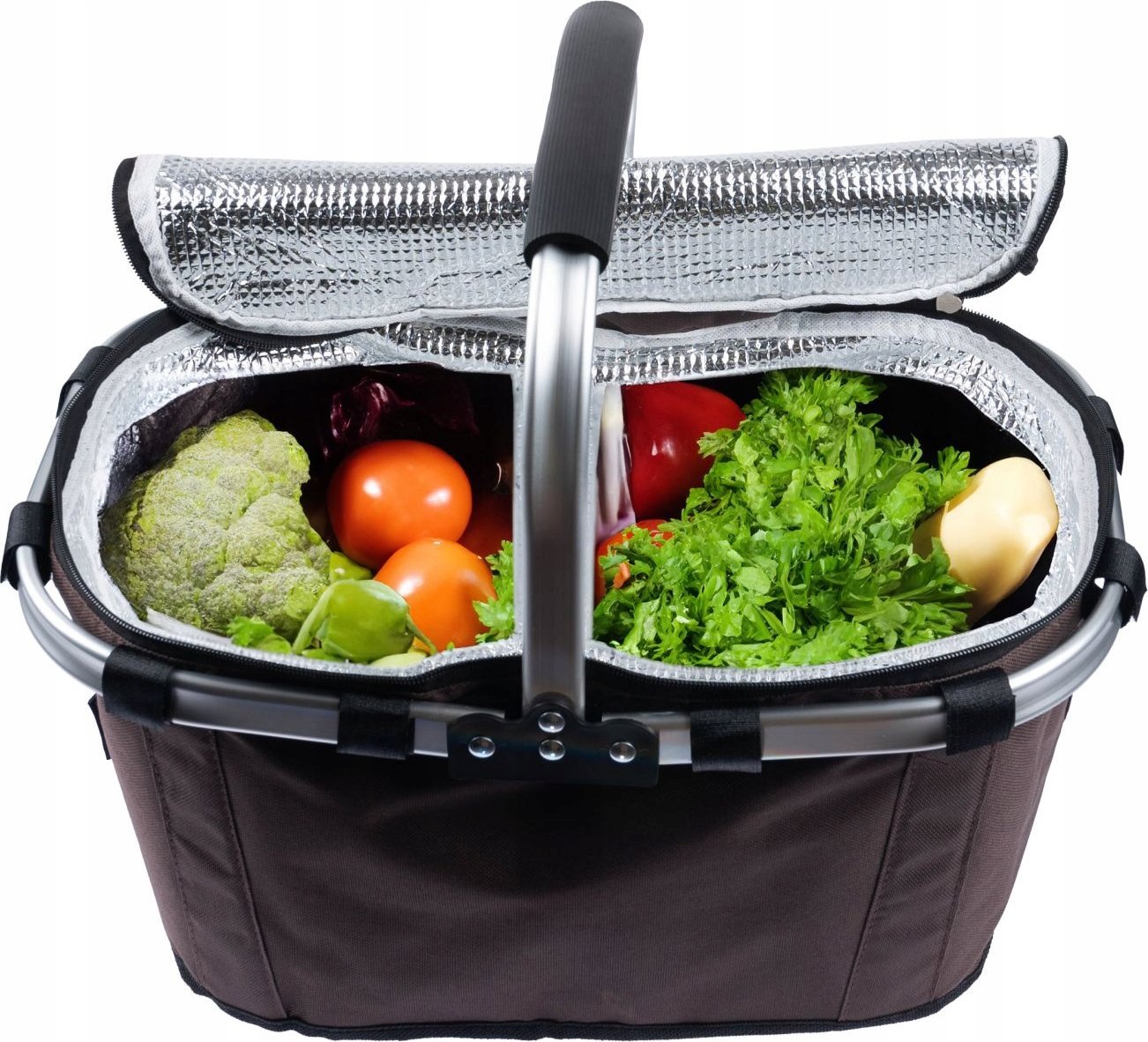 SKŁADANY KOSZYK TERMICZNY PIKNIKOWY NA ZAKUPY, PLAŻĘ Z 1 UCHWYTEM - WODOODPORNY, BRĄZOWY