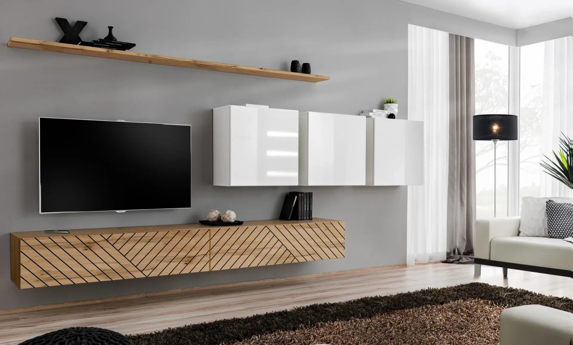 Meblościanka SWITCH LAMEL VII dąb wotan/biała ASM Meble