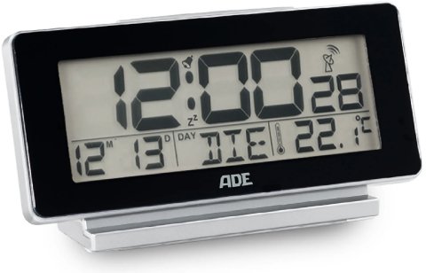 ADE Budzik elektroniczny z kalendarzem i termometrem, 12,5 x 4 x 8,5 cm, czarny