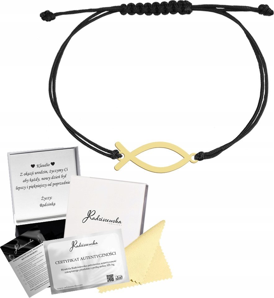 Radziszewska Jewellery Bransoletka Złota Ryba Ichtys Sznurek SREBRO 925 Prezent DEDYKACJA GRATIS