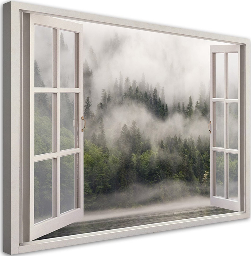 Feeby Obraz na płótnie, Okno Las we mgle jezioro - 120x80