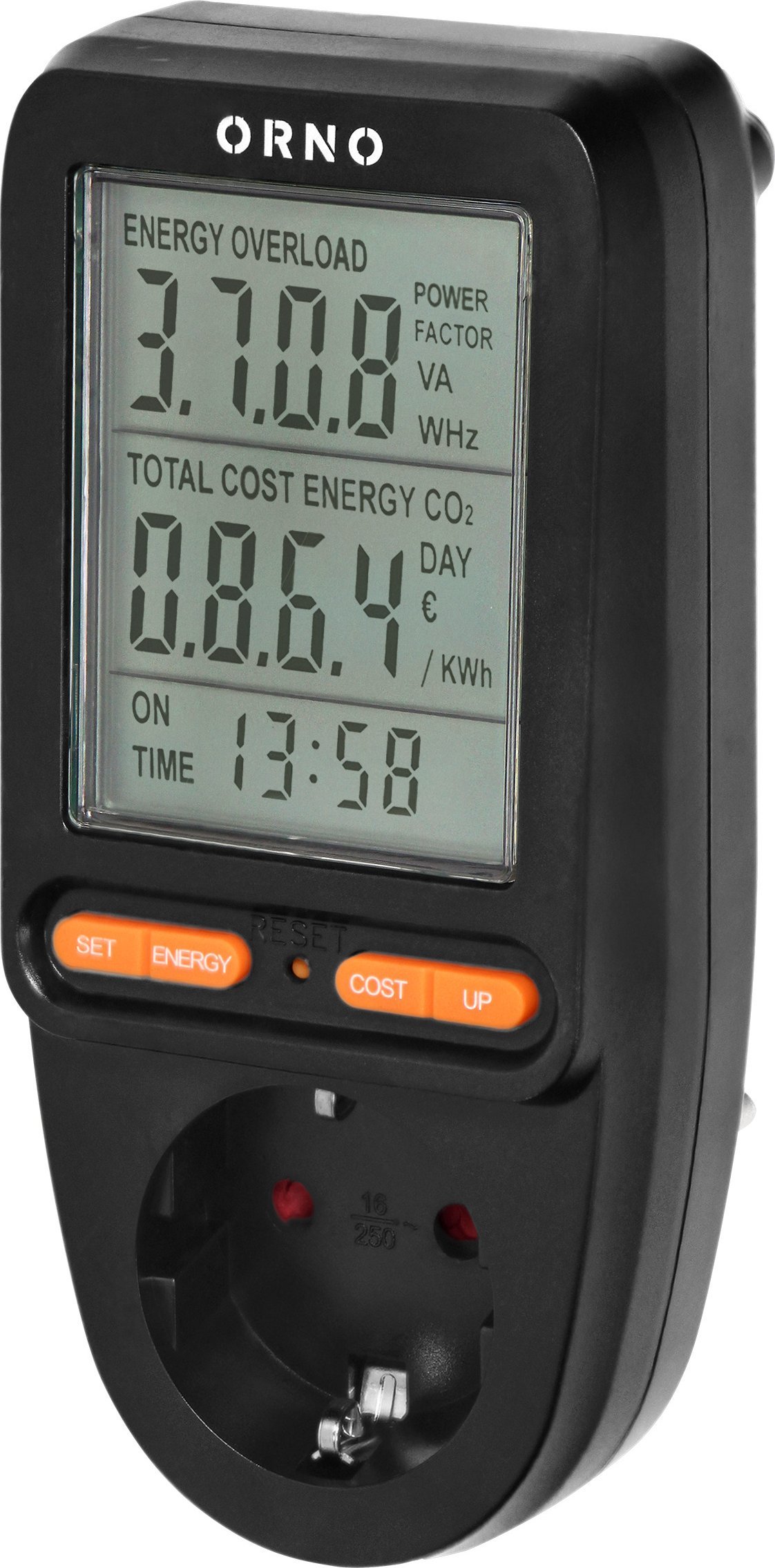 Orno Watomierz, kalkulator energii z wyświetlaczem LCD, wersja Schuko, czarny