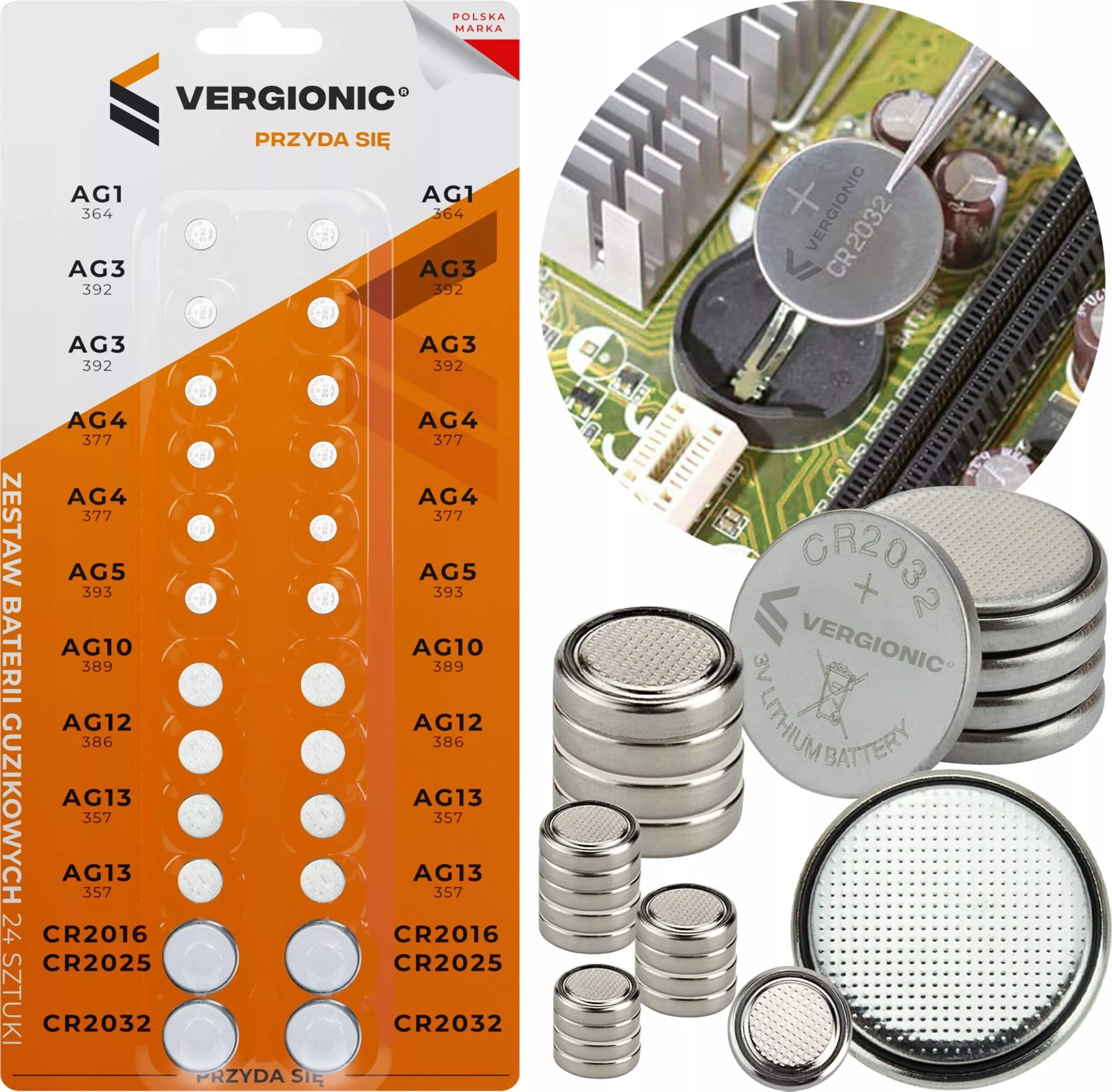 VERGIONIC ZESTAW BATERII GUZIKOWYCH BLISTER PŁASKIE OKRĄGŁE DO PILOTA ZEGARKA 24szt