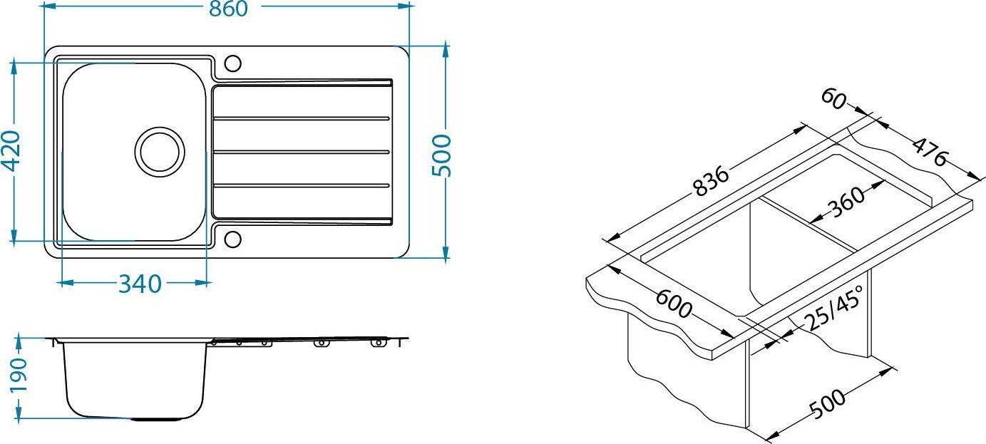Zlewozmywak Alveus Alveus LINE MAX 20 SATYNA zlewozmywak stalowy 860 x 500 mm z syfon pop-up