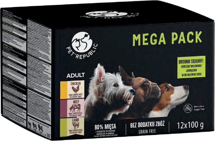 Pet Republic PetRepublic karma mokra dla psów małych ras kawałki w delikatnym sosie MIX 3 smaków 12x100g