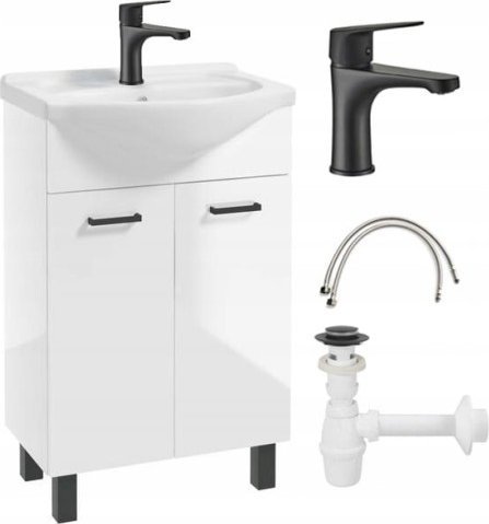 Deftrans Szafka łazienkowa z umywalką biały połysk 84x55 z baterią i syfonem Mea