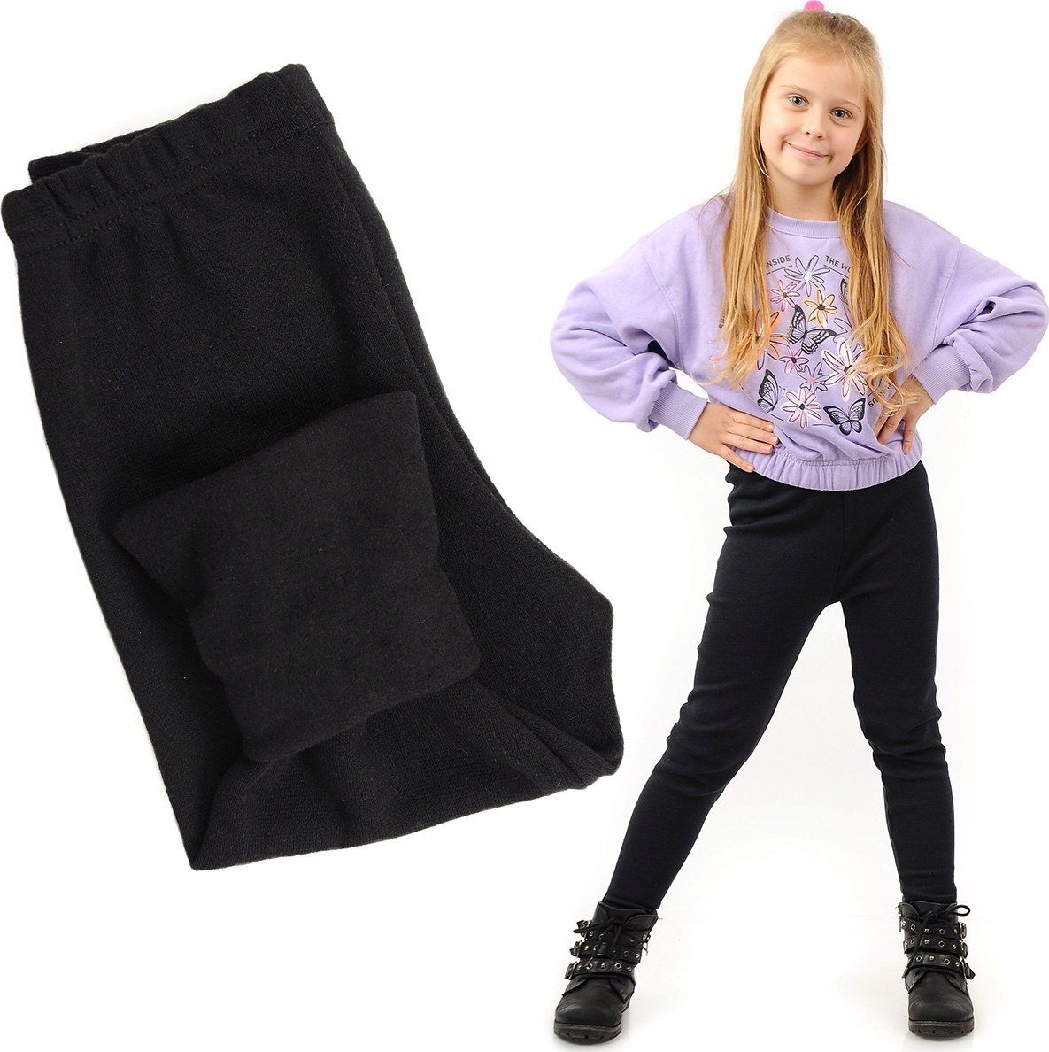 Ocieplane Legginsy dziecięce Polskie bawełniane klasyczne Getry Czarne 140