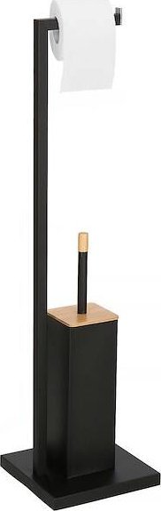 Springos Stojak toaletowy na papier i szczotkę WC, metalowy, czarny, bambus UNIWERSALNY