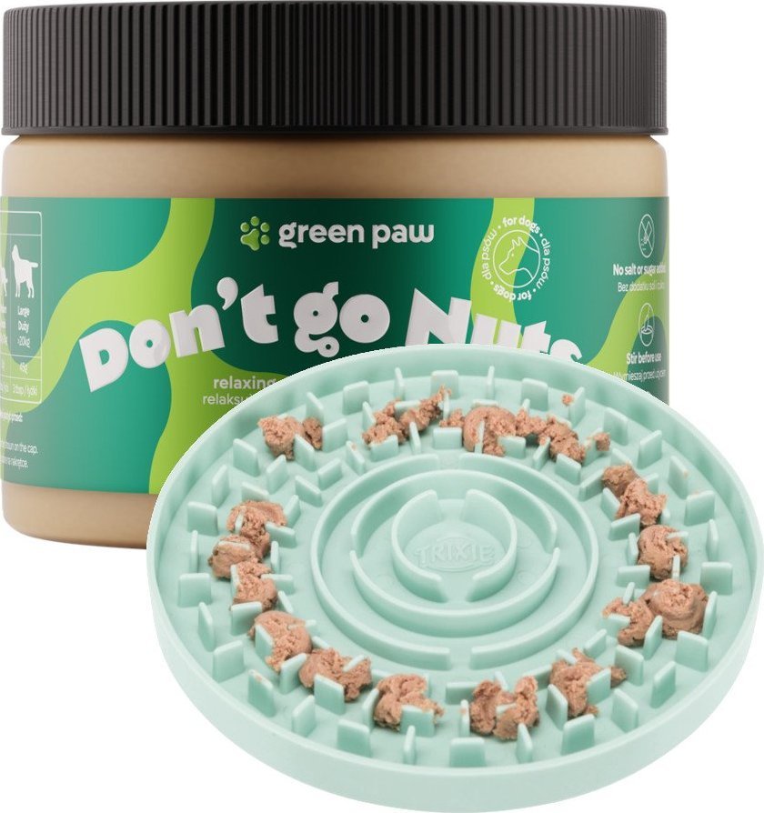 Trixie TRIXIE Junior tacka na smakołyki Licking Plate+ Green Paw Dont go Nuts 350g - Masło orzechowe z CBD dla psów (Human Grade)