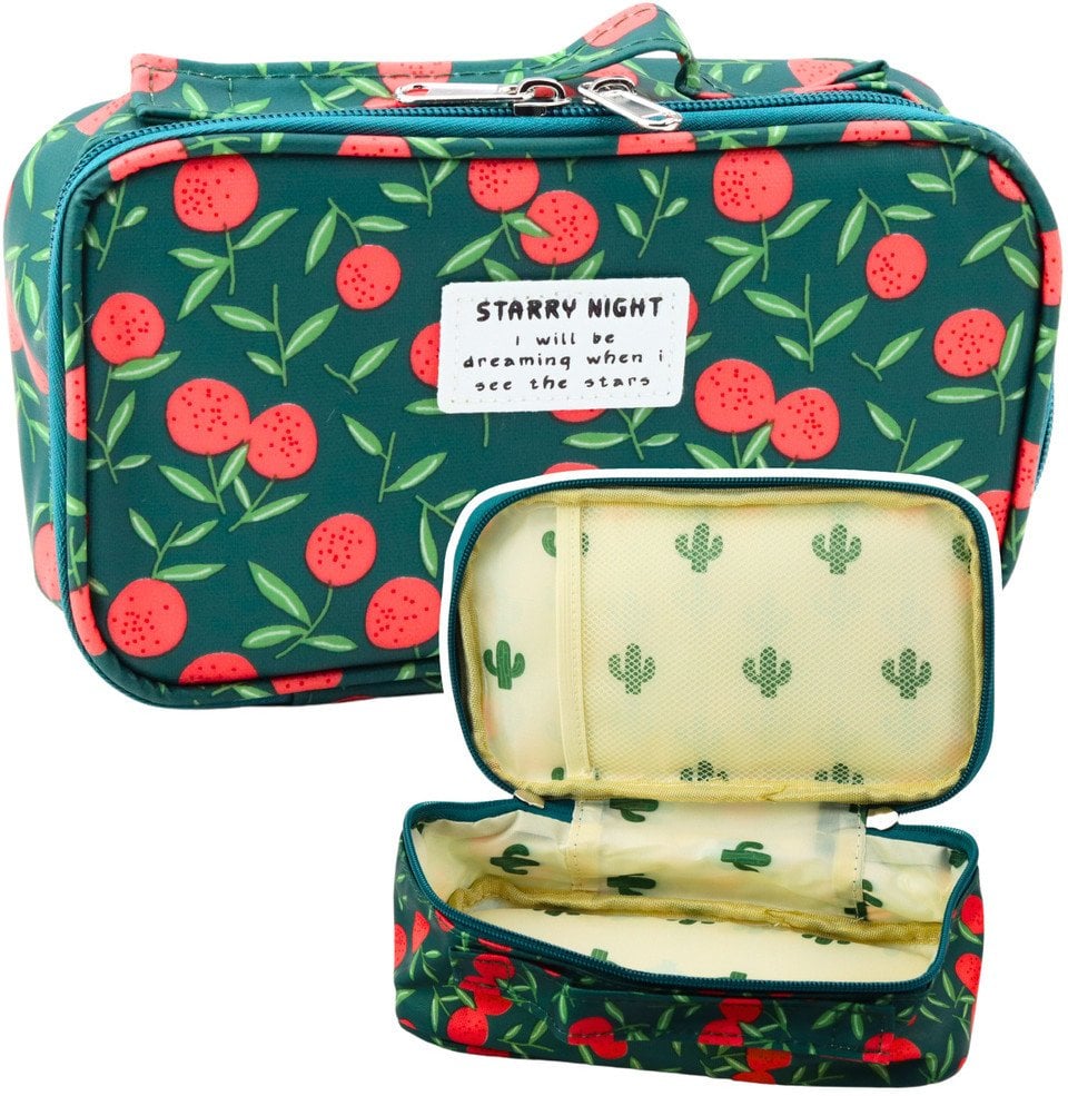 Piórnik Szkolny Organizer Pojemny Dodatkowa Kieszonka Wiśnie Zielony 21,5cm LEAN