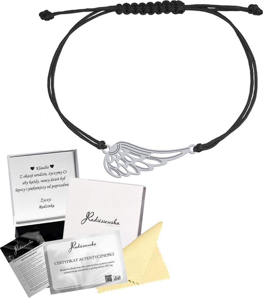Radziszewska Jewellery Bransoletka Srebrna SKRZYDŁO ANIOŁA 925 Sznurek Prezent Kobieta ŻYCZENIA