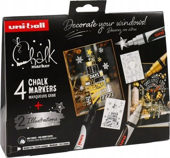 Usorteret Uni Kreidemarker-Set Święta mit 4-tlg. PWE-5M (Kolory Biały, Czarny, Złoty, Srebrny) + 2 arkusze ilustracyjne