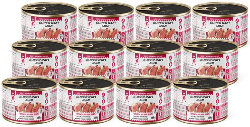 Rafi Super Mini Mokra karma dla psów małych ras z cielęciną i sercami z gęsi zestaw 12 x 185 g