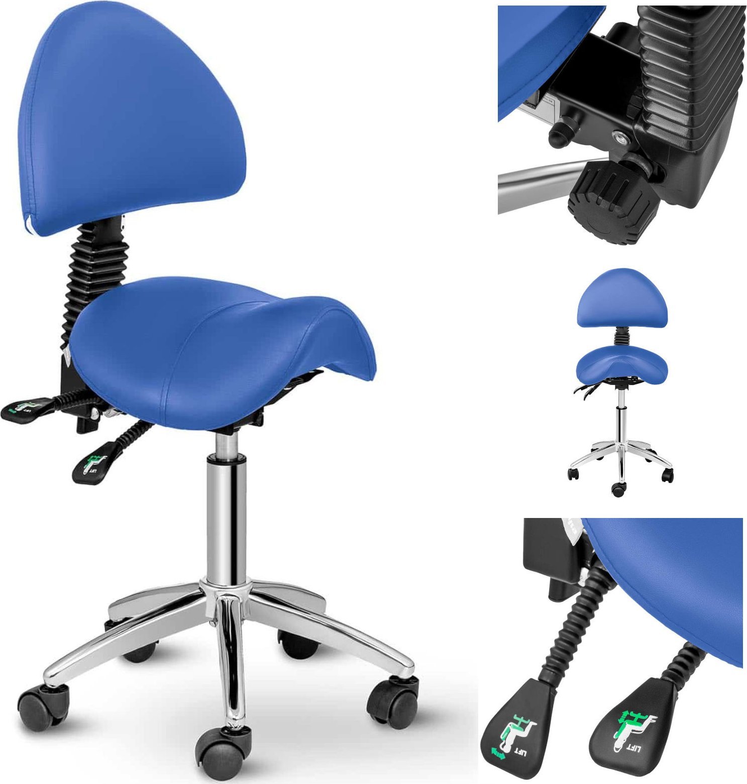 Physa Krzesło kosmetyczne siodłowe z oparciem obrotowe regulowane BERLIN - niebieskie Krzesło kosmetyczne siodłowe z oparciem obrotowe regulowane BERL