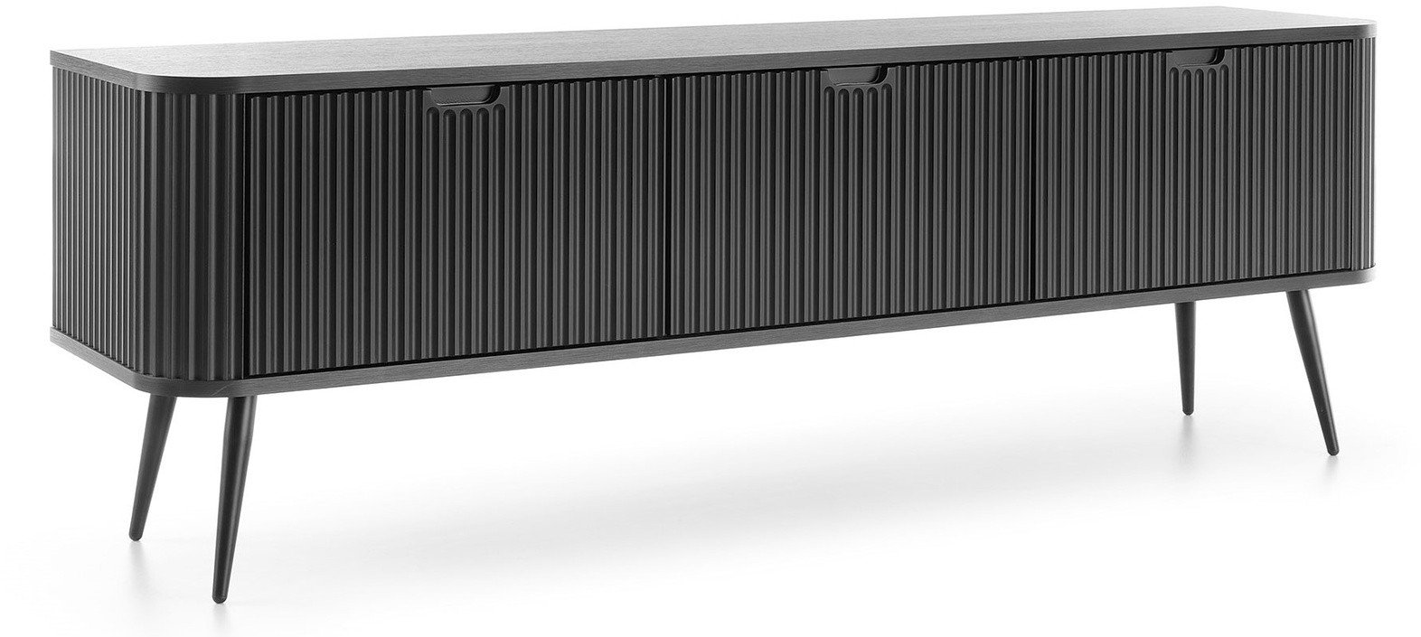 Szafka RTV Porto 168cm w kolorze czarnym trzydrzwiowa z ryflowanymi frontami i czarnymi nogami