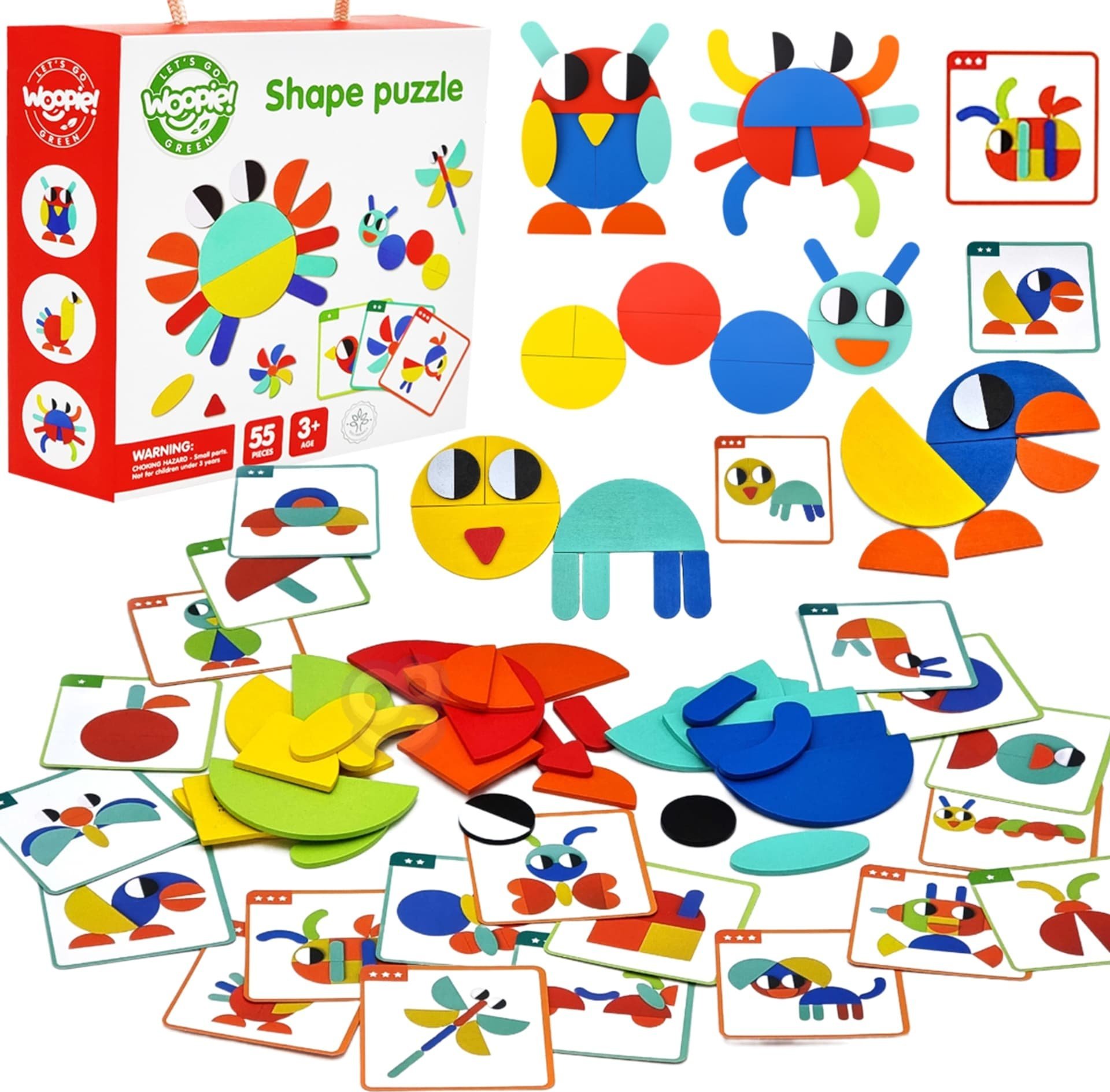 Woopie GREEN Drewniana Układanka Montessori 40 Wzorów do Odtworzenia 55 el. Certyfikat FSC