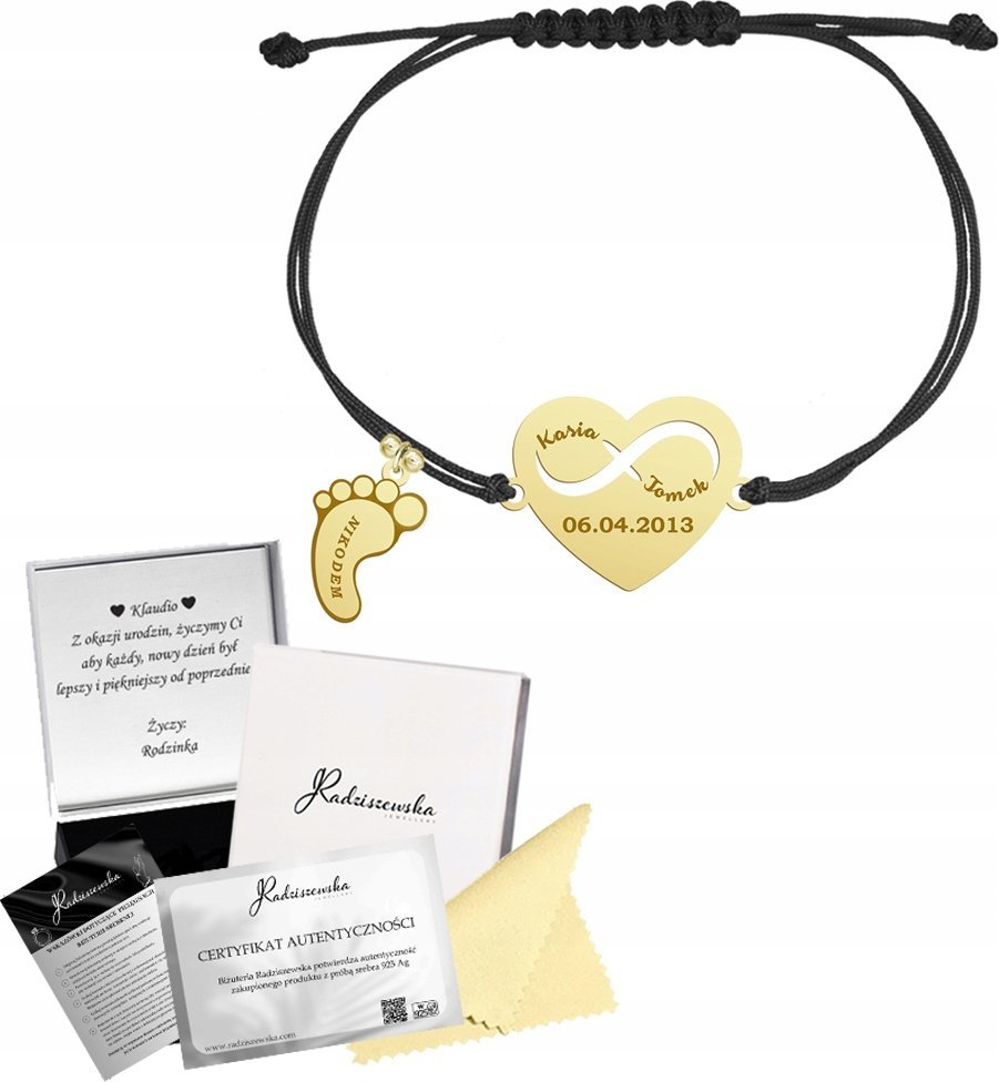 MEJK Jewellery Bransoletka Złota Imię Dziecka STÓPKA SERCE Prezent Dzień Matki 925 GRAWER