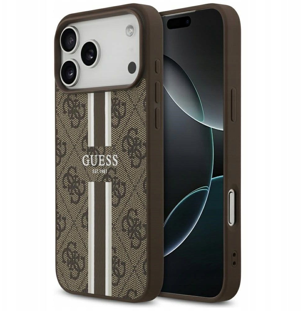 Guess Etui 4G Printed Stripes MagSafe do iPhone 17 Pro Max brązowy