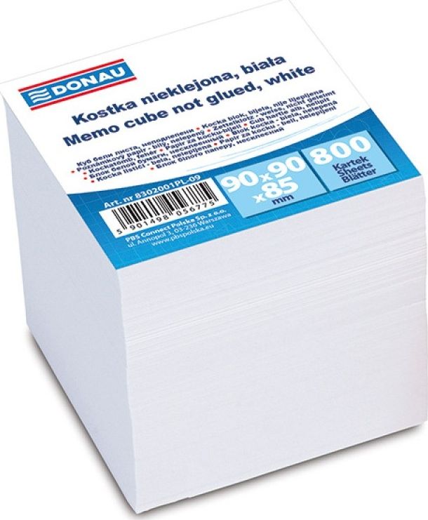 Donau Kostka DONAU nieklejona, 90x90x90mm, ok. 800 kart., biała