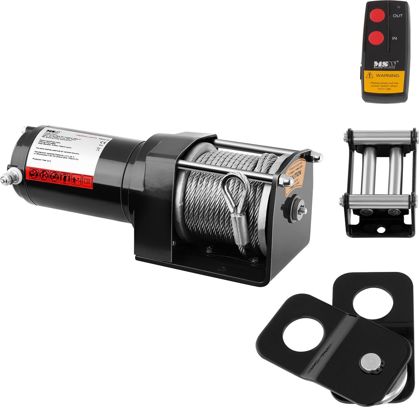 MSW Wyciągarka samochodowa - off road na pilota lina 12 m uciąg 1590 kg + Zblocze 4 T