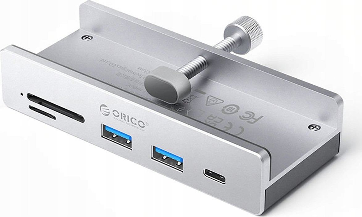 HUB montowany na zacisk input: USB-C / output: 2x USB-A 3.2 + 1x USB-C 3.2 + 1x SD&TF - srebrny