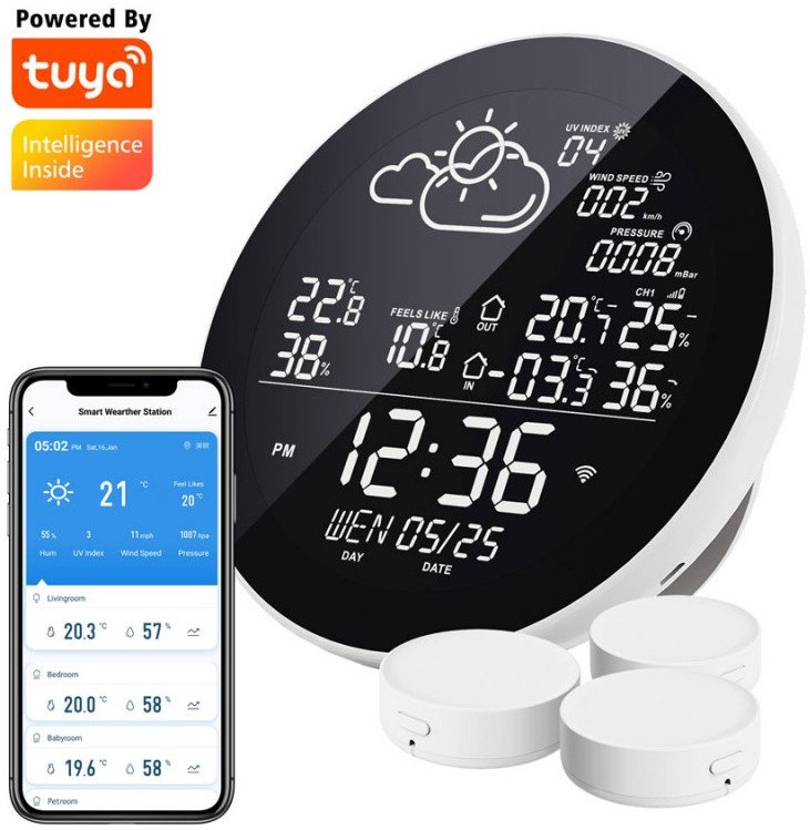 Stacja pogodowa WiFi TUYA prognoza pogody + 3 czujniki