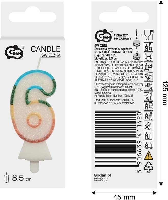 Świeczka cyfra 6 tęczowa 8,5cm